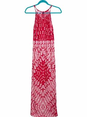 London Times Red White Ikat Maxi Dress Size 10 Sleeveless Boho Summer